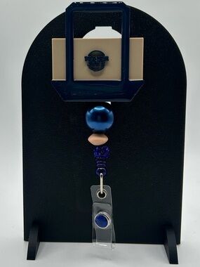 Blue and Beige Beaded ID Badge Reel